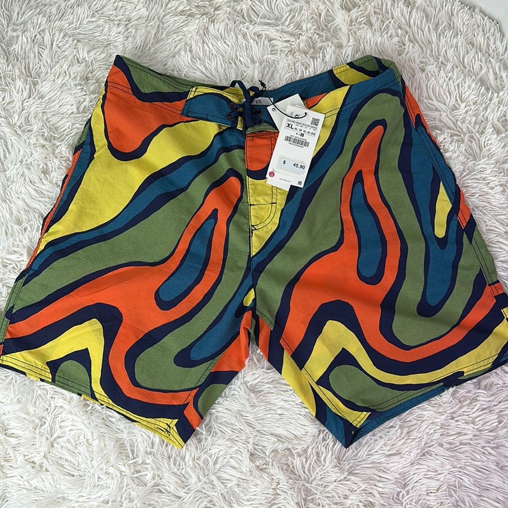 NWT Zara Multicolor Abstract Wave Print Swim Trunks